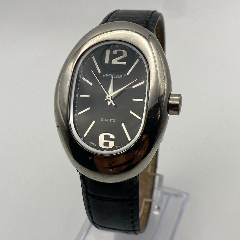 Elegant Venezia Oval Silver-Tone Ladies Watch, Black Band Working New Battery